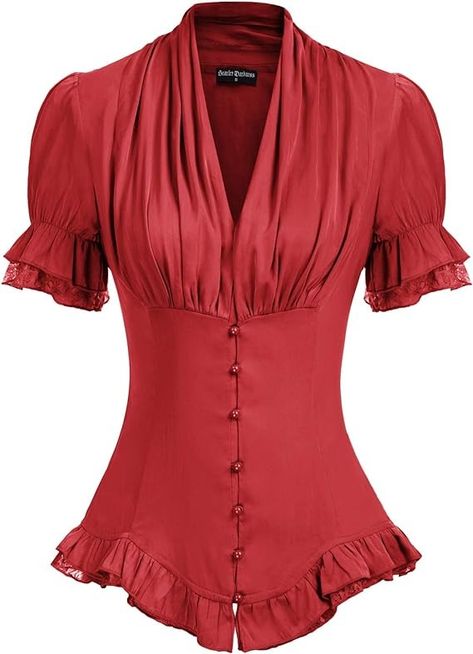 Amazon.com: Vintage Blouse for Women Short Puff Sleeve Top Button Down Shirt Red Peplum Top Red M : Clothing, Shoes & Jewelry Victorian Shirt, Victorian Blouse, Looks Country, Women Shirt Top, Puff Sleeve Shirt, Short Puff Sleeve, Pleated Shirt, Short Sleeve Shirt Women, Pleat Top