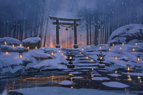 ArtStation - Daily Sketches- Winter Surendra Rajawat, Anime Shrine, Night Routine Summer, Japanese Shrine, Winter Iphone, Japan Winter, Iphone Wallpaper Winter, Wallpaper Winter, Torii Gate