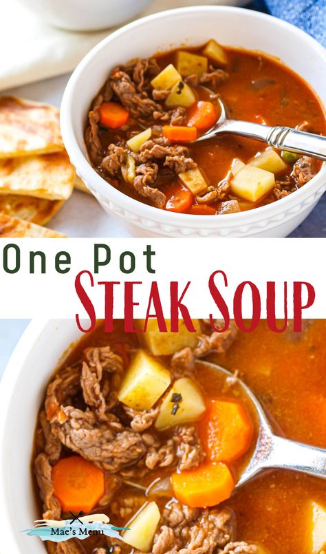 One pot steak soup makes a fantastic healthy dinner. with shaved steak, veggies, potatoes, tomatoes,a nd seasonings, this beef soup is easy to make and delicious. Add this dinner idea to your meal plan this week! Skirt Steak Soup, Shaved Steak Recipe, Shaved Beef Recipe, Steak Soup Recipes, Soup One Pot, Steak And Potato Soup, Leftover Steak Recipes, Steak Veggies, Shaved Steak