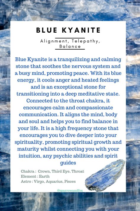 Blue Kyanite Crystal Meaning, Blue Kyanite Meaning, Compassionate Communication, Blue Kyanite Crystal, Busy Mind, Crystal Healing Chart, Witch Spirituality, Kyanite Crystal, Wiccan Spell Book