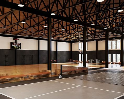 Indoor basketball and pickleball courts for the barndominium/man cave #barndominium #interiordesign #mancave Indoor Pickleball Court, Basketball Facility, Basketball Court Design, Indoor Tennis Court, Pickle Balls, Turkey House, Tennis Court Design, Indoor Sports Court, Home Basketball Court