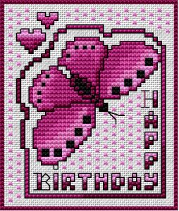 Happy Birthday in Cross Stitch Birthday Butterfly, Butterfly Cross Stitch Pattern, Cross Stitch Boards, Pattern Butterfly, Butterfly Cross Stitch, Stitch Flowers, Photo Pattern, Color Guide, Card Pattern