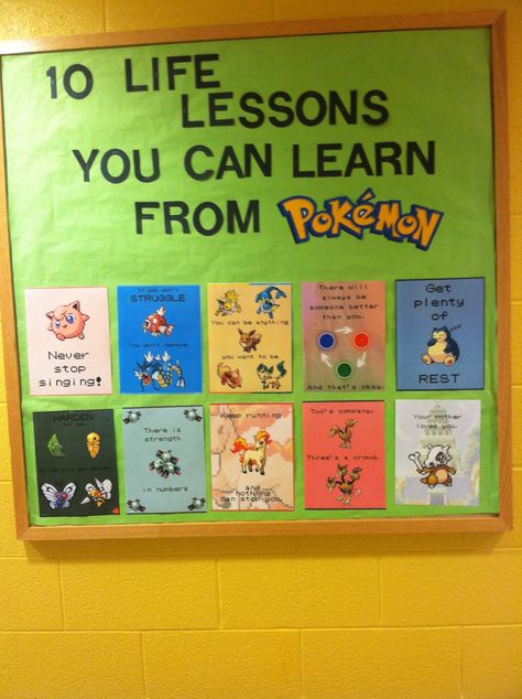 10 life lessons you can learn from Pokemon - Bulletin board Resident Assistant Bulletin Boards, 10 Life Lessons, Ra Bulletins, Ra Bulletin Boards, Pokemon Craft, Ra Ideas, Pokemon Theme, Bulletin Board Display, Game Themes