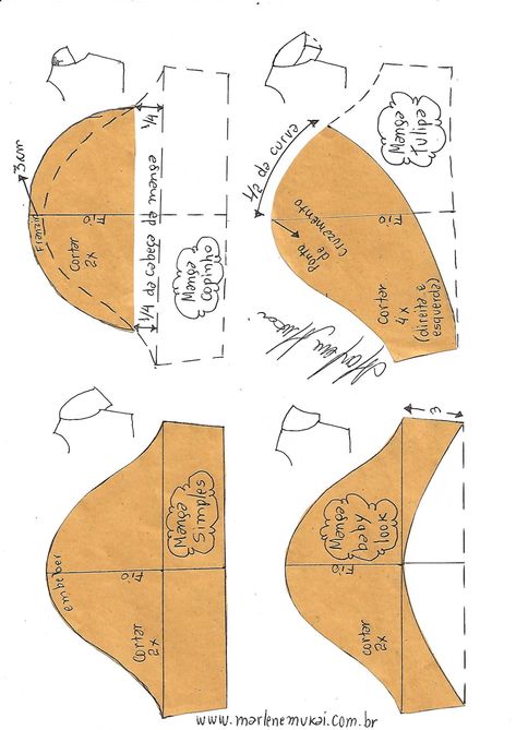 Transformação de mangas - DIY - molde, corte e costura - Marlene Mukai Pola Blus, Corak Menjahit, Pola Lengan, Diy Sy, Sewing Sleeves, Blackbird Designs, Sew Ins, Blouse Pattern Sewing, Clothes Sewing Patterns