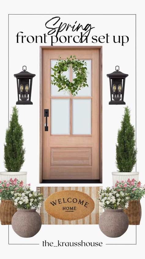 White Door Front Porch Decor, Studio Mcgee Porch Decor, Front Door Entrance Apartment, Front Door Planters Porch, Front Porch Steps Decor Potted Plants, Symmetrical Front Porch Decor, Spring Front Step Decor, Spring Decor Front Door, Target Front Porch Decor