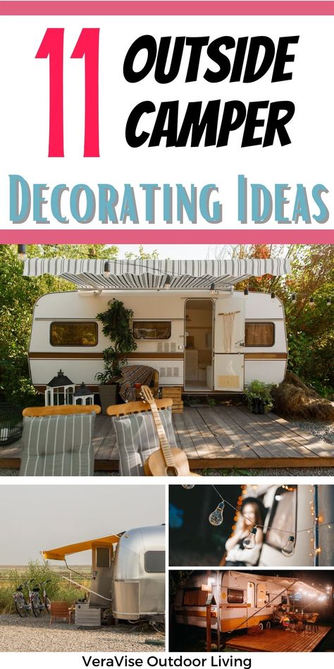 Rv Decorating Ideas Exterior, Camper Garden Ideas, Camper Outdoor Decor, Camper Deck Decorating Ideas, Rv Outdoor Lighting Ideas, Outside Camper Decorating Ideas, Camper Exterior Decorating Ideas, Campground Decorating Outdoor, Camper Patio Ideas