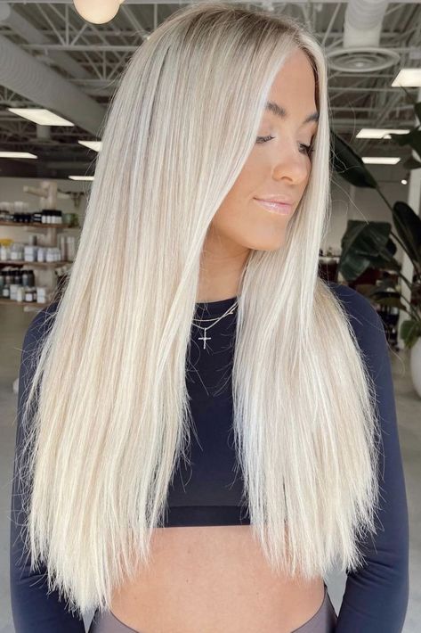 Icy Blonde Extensions, Really Blonde Hair Highlights, Blonde Hair Inspiration Straight, Bright Blonde Hair Extensions, Bright Light Blonde Hair, Solid Platinum Blonde Hair, Bright Blonde Balayage Dark Roots, Straight Light Blonde Hair, Blonde Hair Color Ideas For Blondes