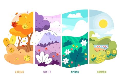 Four Seasons Graphic Design, Season Illustration Design, Colorful Illustration Art Graphics, Graphic Design Vector Illustration, Winter Season Illustration, 4 Seasons Mural, Summer Season Illustration, Four Seasons Landscape, Trees In Different Seasons