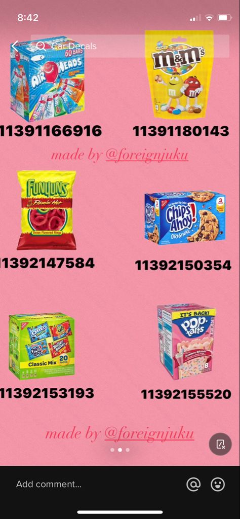 Snack Codes For Bloxburg, Roblox Laundry Room Decal Codes, Food Id Bloxburg, Oreo Decals Bloxburg, Bloxburg Decal Codes Pantry, Blocksburg Pantry Ideas, Bloxburg School Decal Codes Kindergarten, Bloxburg Chips Decals Codes, Cute Food Decals Bloxburg