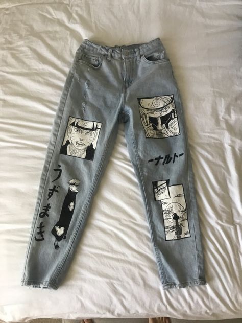 Naruto Jeans Painting, Anime Custom Clothes, Anime Custom Jeans, Anime Jeans Painting, Naruto Inspired Outfits, Naruto Pants, Jeans Painting Ideas, Anime Jeans, Customized Jeans