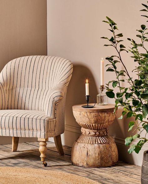 THATCH | Homewares on Instagram: "This pretty much sums up the order of the evening; cosy corners and lit candles." Armchairs Uk, Striped Armchair, Cottage Chairs, Cosy Corners, Restful Bedrooms, Cosy Corner, Linen Armchair, Linen Bedroom, Counter Chairs