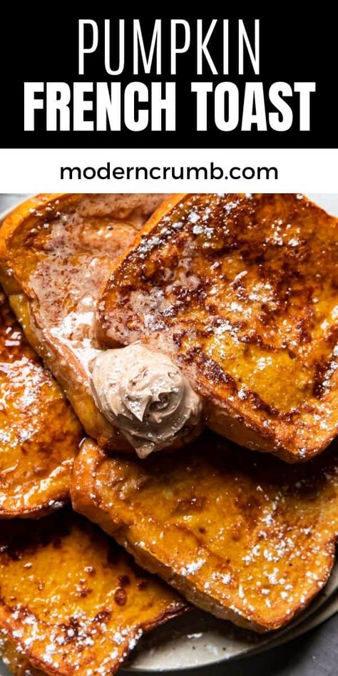 This pumpkin french toast is the perfect breakfast recipe to make this fall season. Thick and fluffy brioche bread soaked in a yummy pumpkin spice batter. Top your french toast with some homemade cinnamon honey butter, maple syrup and a sprinkle of powdered sugar. Pumpkin Spice French Toast Recipe, Pumpkin Spice Brioche, Honey French Toast, French Toast Brioche Bread, Pumpkin Brioche French Toast, Pumpkin Spice French Toast, French Toast Recipe Cinnamon, Pumpkin Spice Bread, Pumpkin Pancake Recipe