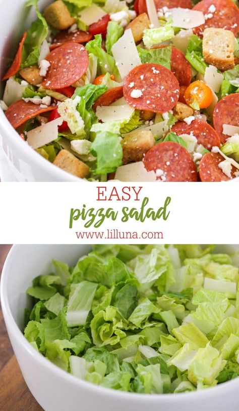 Pizza Salad is hearty & refreshing. All of the flavors of pizza are served on a bed of greens and topped with a homemade herb dressing! #pizzasalad #pizza #salad #saladrecipes Salads Ideas, Italian Salad Recipes, Eating Green, Herb Dressing, Pizza Salad, Eat Salad, Lifestyle Change, Cannellini Beans, Summer Salad