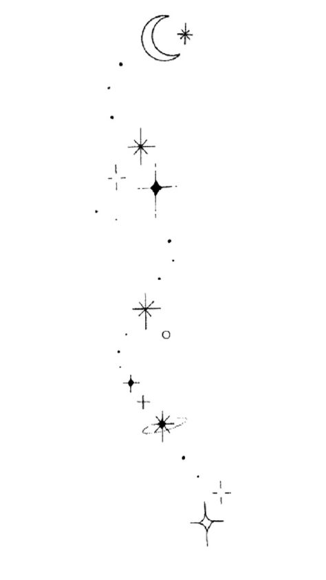 Star And Dots Tattoo, Moon And Stars Ankle Tattoo, Space Constellation Tattoo, Cascading Stars Tattoo, Celestial Tattoo Simple, Fine Line Solar System Tattoo, Starry Night Tattoo Ideas, Filler Space Tattoo, Celestial Neck Tattoo