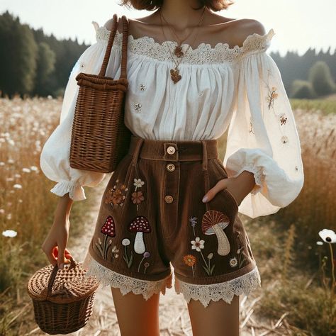 Inspiration Hobbit Inspired Outfits Casual, Cottagecore Outfit Inspiration, Cottagecore Aesthetic Clothing, Farmgirl Aesthetic Outfits, Cottagecore Shorts Outfit, Country Core Outfits, Fairy Cottage Core Aesthetic Outfits, Cottagecore Outfits Pants, Pastel Cottagecore Outfits