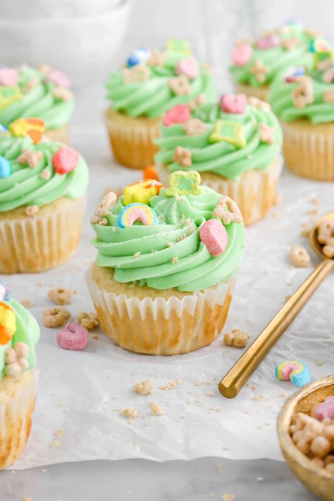 Lucky Charms Cupcakes with Marshmallow Buttercream Frosting Lucky Charms Cupcakes, Lucky Charms Cake, Marshmallow Buttercream Frosting, Moist Vanilla Cupcakes, Marshmallow Buttercream, Lucky Charms Marshmallows, Bakers Table, Lucky Charms Cereal, Salty Cake