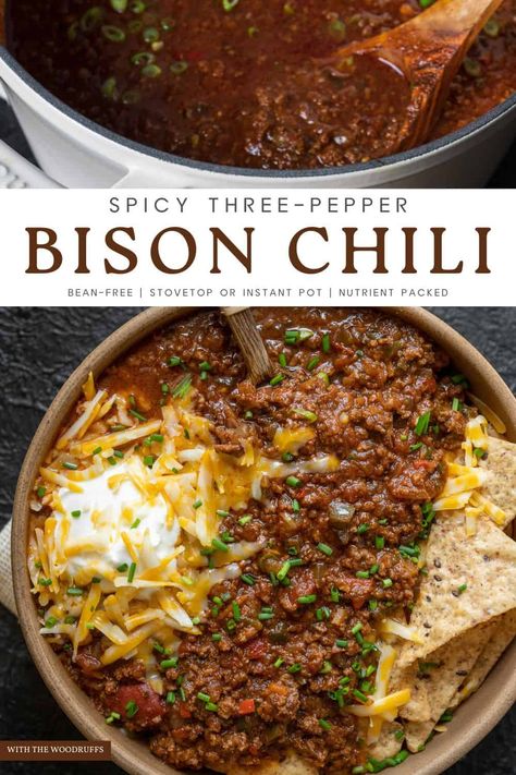 Wild Boar Chili, Ground Bison Soup Recipes, Chili With Steak And Ground Beef, Ground Bison Chili, Best Bison Chili Recipe, Chili Recipe With Potatoes, Ground Bison Recipes Healthy, Bison Meat Recipes, Bison Chili Recipe