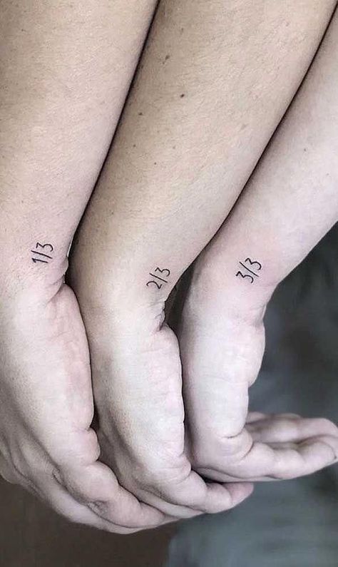 Friends Tattoo For 3, Gender Neutral Family Tattoos, Sibling Tattoos 4 Siblings Meaningful, Coordinating Best Friend Tattoos, 3 People Tattoo Ideas Matching, Fraction Tattoo, Best Friend Tattoos 3 People, Small Friendship Tattoos For 3, Triple Tattoo Friends