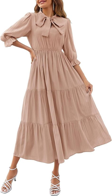 ZESICA Women's Casual Half Sleeve Tie V Neck Elastic High Waist Solid Color Flowy Tiered A Line Beach Party Maxi Dress,Apricot,X-Large at Amazon Women’s Clothing store Party Maxi Dress, Maxi Dress Party, Maxi Dress With Sleeves, Fashion Sewing, Women's Casual, Beach Party, Half Sleeve, Summer Wardrobe, Classy Outfits