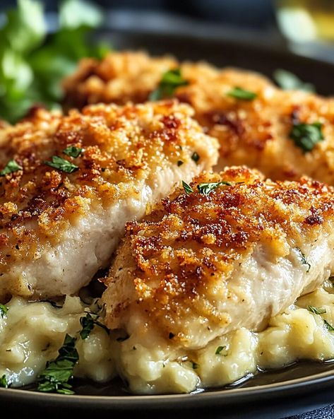 This Garlic Parmesan Crusted Chicken is a heavenly blend of crispy textures and savory flavors. The golden, crunchy topping, made from a mixture of Parmesan, panko, and garlic, locks in ... Read more Parmesan Crusted Chicken Cheesecake Factory, Lemon Herb Crusted Chicken, Copycat Parmesan Crusted Chicken, Garlic Parm Crusted Chicken, Chicken Panko Recipes, Parmesan Crusted Chicken Bites, Parmesan Crusted Chicken Thighs, Parmesan Crusted Chicken With Mayo, Parm Crusted Chicken