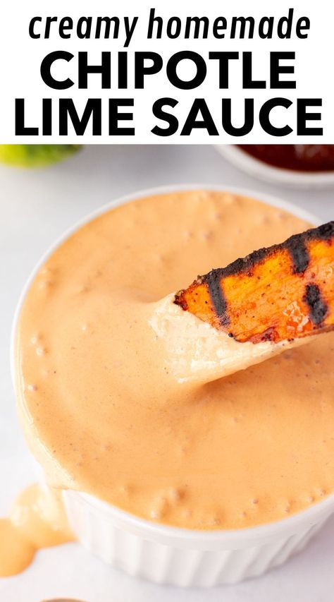 This chipotle lime sauce is a breeze to whip up, with only 4 ingredients that take just 5 minutes to come together. Plus it's versatile, doubling as a dipping sauce for veggies and fries or as a zesty topping for fish tacos. Featuring a smoky flavor and creamy texture, it's got just a little spiciness to it, which you can modify by adjusting the number of chipotle peppers you add. Whether you're craving a mild kick or something with a little heat, this sauce has you covered. Chipotle Sauce For Fish Tacos, Lime Sauce For Fish, Dipping Sauce For Veggies, Sauce For Fish Tacos, Chipotle Lime Sauce, Chipotle Sauce Recipe, Chipotle Dip, Sauce For Fish, Creamy Chipotle Sauce