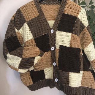 my first ever commission!! was so so pleased to make this for becky and i’m glad she trusted me with the orange buttons 🧶 #crochet… Brown Crochet Cardigan, Brown Crochet Sweater, Kary Dasty, Crochet Cardigan For Beginners, Pola Jaring, Brown Monochrome, Crochet A Vest, Free Crochet Cardigan, Cardigan Ideas