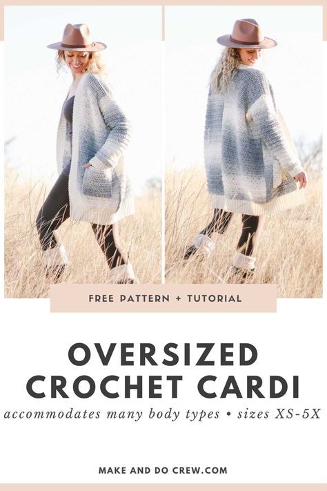 Learn how to crochet an oversized cardigan in this free pattern + tutorial from Make & Do Crew. Beginner-friendly skills and detailed support to lead you each step of the way. Featuring Lion Brand Scarfie yarn. Scarfie Yarn, Cardigans Crochet, Crochet Cardigan Free, Knit Clothes, Ombre Cardigan, Clothing Wardrobe, Crochet Cardigan Pattern Free, Car Trip, Crochet Cardigans