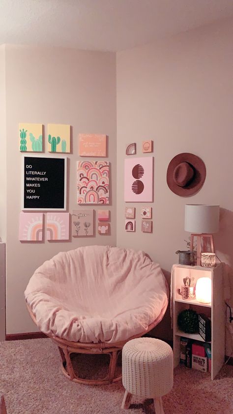 Chair Area In Bedroom, Aesthetic Bean Bag Corner, Chair In Room Ideas, Book Corner In Bedroom, Bean Bags Aesthetic, Girly Hangout Room, Bean Bag Corner Ideas, Simple Girly Bedroom, Small Sitting Room Ideas Cozy Corner Seating Areas