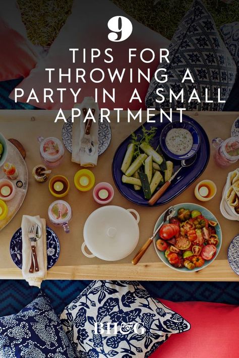 You don't need a huge living room or a sprawling backyard to host a good party. With a good set-up, the right playlist, and a tasty menu, guests won't notice (or care!) how tight the space is. #apartmentparty #howtohostaparty #entertaining #bhg Party In An Apartment, Entertaining In Small Spaces, Hosting Living Room, Dinner Party Apartment Small Spaces, Small House Party Setup, Small Space Dinner Party, Small Space Dinner Party Set Up, Small Space Entertaining, Hosting In A Small Space