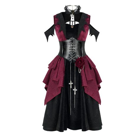 PRICES MAY VARY. 90% Polyerter included: a Gothic dress, belt, necklace. Features: Bat sleeve design, red and black color, multi-layered hemline. Impress at a party or on Halloween. Scenarios: Suitable for casual everyday wear, Halloween cosplay, holiday themed parties, Renaissance themed cosplay, dating, school, etc. Note: Please use our size, not the size recommended by Amazon. Red Vampire Costume, Evil Princess Dress, Sigma Outfit, Diy Vampire Costume Women, Vampire Costume Ideas, Dark Red Quinceanera Dresses, Halloween Costumes Vampire, Vampire Clothing, Demon Clothes