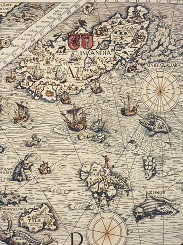 size: 12x9in Giclee Print: Carta Marina, Sea Map by Olaus Magnus, 1539 : Monster Bathroom, Pirate Map Tattoo, Whisky Cabinet, Maps Aesthetic, Sea Map, Map Tattoos, Education Tattoos, Nautical Map, Client Management