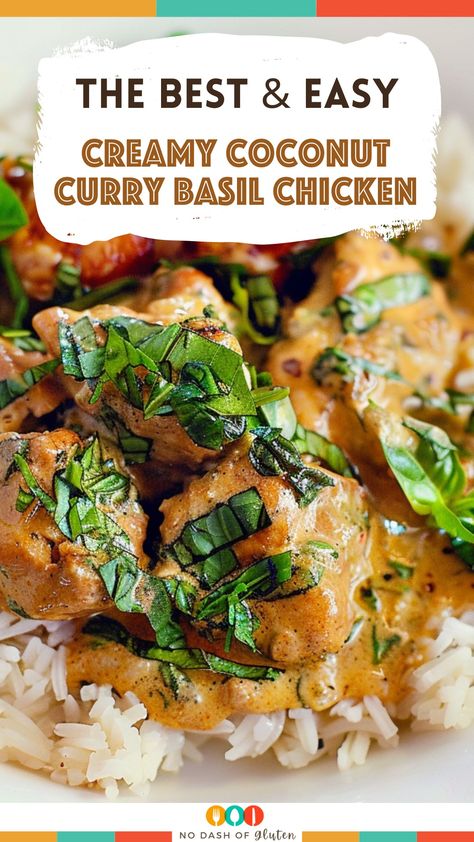 Creamy Coconut Curry Basil Chicken Basil Curry Chicken, Coconut Basil Chicken Curry, Coconut Basil Chicken, Creamy Thai Basil Chicken, Coconut Milk Curry Recipes, Coconut Sauce For Chicken, Crockpot Chicken Coconut Milk, Basil Chicken In Coconut Curry Sauce, Spiced Coconut Basil Chicken With Rice