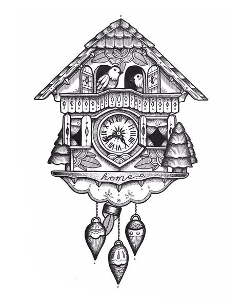 Cookoo Clock Tattoo, Cuckoo Bird Tattoo, Cuckoo Clock Tattoo, Clock Drawing, Cuckoo Clocks, Ink Inspiration, Clock Tattoo, Art And Literature, Tattoo Outline