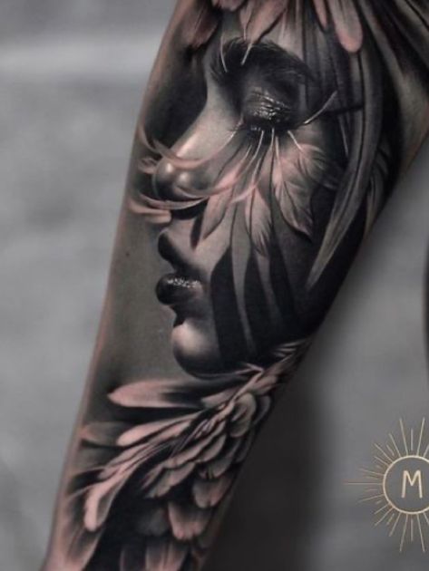 Ulna Tattoo, Female Warrior Tattoo Sleeve, Lower Arm Sleeve Tattoo Women, Black And Grey Realism Tattoo Design, Dark Sleeve Tattoos For Women, Realism Tattoo Sleeve Women, Flower Leg Sleeve Tattoo, Angel Tats, Portrait Tattoo Sleeve