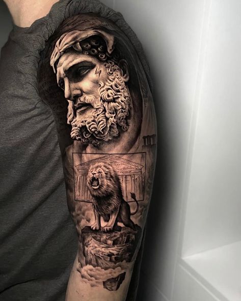 Hercules & Nemean Lion by Sergio Fernández, an artist at Seven Tattoo in Malaga, Spain. Nemean Lion Tattoo, Apollo Tattoo, Greece Tattoo, Hercules Tattoo, Hades Tattoo, Tattoo Homme, Greek God Tattoo, Nemean Lion, Zeus Tattoo