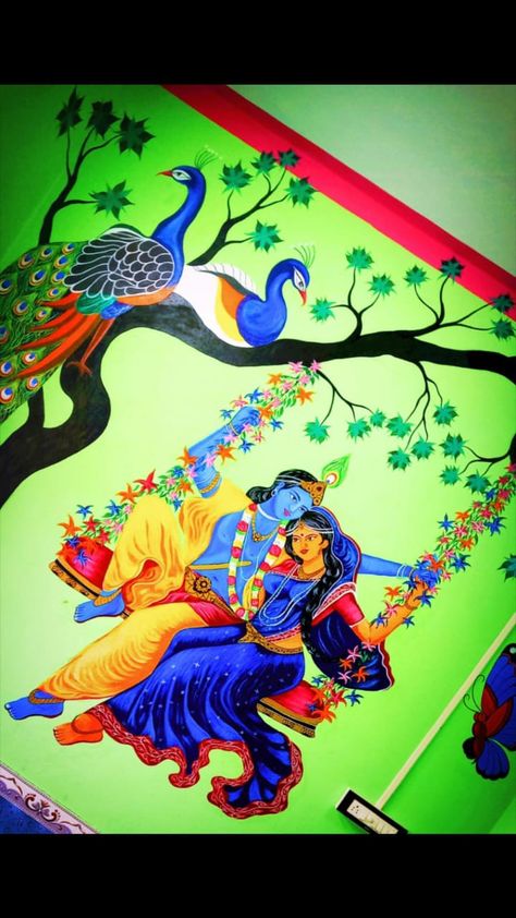 Lord Krishna Mural Painting, Radha Krishna Wall Painting Ideas, Radha Krishna Painting On Wall, Krishna Wall Painting Ideas, Radha Krishna Rangoli Designs Diwali, Radha Krishna Wall Painting, Radha Krishna Wall Art, Krishna Wall Painting, Painting God