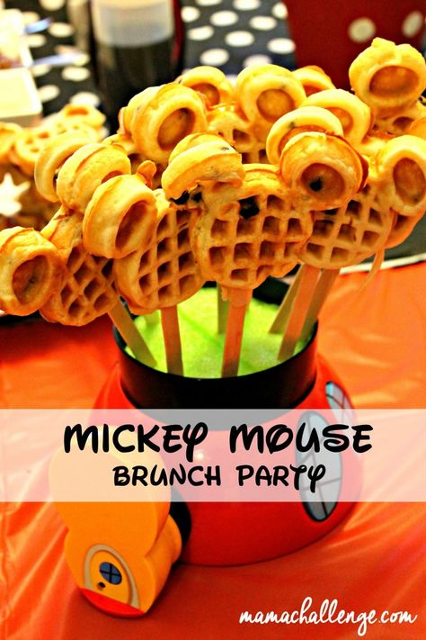 Disney Brunch Party with invites, Waffle Bar, Mickey Marshmallows for hot chocolate favors and more! #Disneyside Disney Brunch, Hot Chocolate Favors, Mickey Mouse Centerpiece, Waffle Bar, Minnie Birthday Party, Disney Treats, Breakfast Party, Chocolate Favors, Elmo Birthday