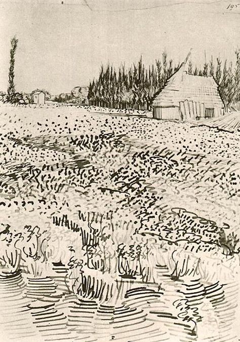 Vincent van Gogh - Landscape with Hut in the Camargue Van Gogh Drawings, Artist Van Gogh, Van Gogh Landscapes, Vincent Willem Van Gogh, Michael Angelo, Arte Van Gogh, Van Gogh Museum, Art Van, Van Gogh Paintings