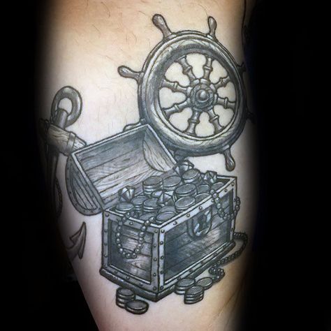 Ship Wheel With Treasure Chest And Anchor Guys Shaded Arm Tattoo Sunken Treasure Tattoo, Treasure Chest Tattoo Design, Pirate Treasure Tattoo, Treasure Chest Tattoo, Treasure Tattoo, Chest Tattoo With Meaning, Ship Tattoo Sleeves, Pirate Tattoos, Owl Tattoo Chest