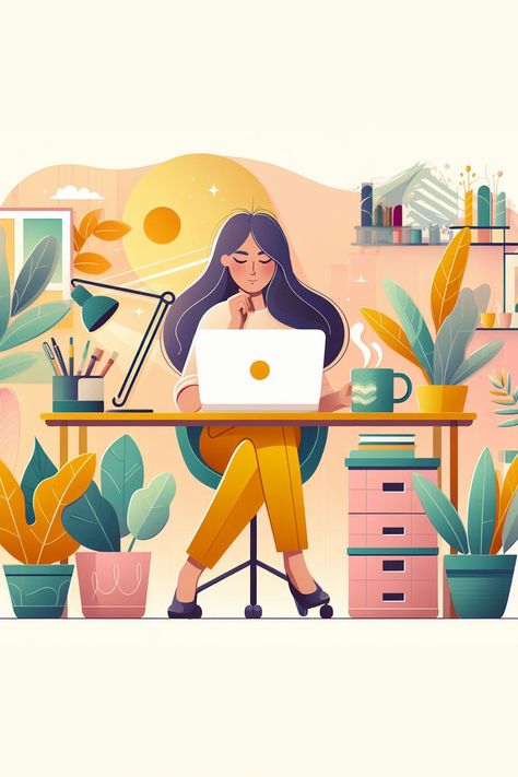 Cute woman working at a desk at home with coffee -colorful illustration. Concept illustration for working, freelancing, studying, education, and working from home.  #illustration #wprime #wprimewebagency #webdesign Working From Home Illustration, Happy Job Aesthetic, Corporate Memphis, Career Illustration, Working Illustration, Islamic Illustration, Office Illustration, People Background, Desk At Home