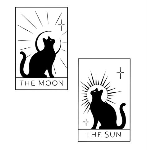 Cat Tattoo Designs Matching, Black Cat And Golden Retriever Tattoo, Tarot Matching Tattoos, Cat Friend Tattoo, Cat Sun And Moon Tattoo, 3 Cat Tattoo Ideas, Matching Black Cat Tattoos, Cat Friendship Tattoo, Couples Cat Tattoos