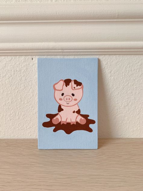 Pig Paintings Easy, Cute Pig Paintings On Canvas, Easy Pig Paintings On Canvas, Mini Canvas Art Easy Cute Animals, Cute Lil Paintings, Cute Pig Painting Easy, Easy Painting Ideas On Tiny Canvas, Cute Simple Animal Paintings, Cute Pig Painting