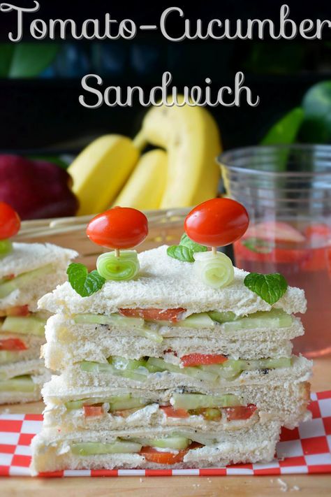 Tomato cucumber Veggie Sandwich | Picnic Food Veggie Sandwich Recipes, Cucumber Sandwiches Recipes, Cucumber Sandwich, Tomato And Cucumber, Salad Appetizer Cups, Veg Sandwich, Indian Recipes Authentic, Tomato Cucumber, Cucumber Sandwiches