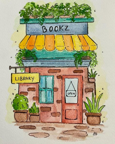 Building Watercolor Painting Easy, Library Drawing Ideas, Cozy Watercolor Painting, Watercolor Illustration Ideas, Watercolor Buildings Easy, Library Doodle, Cute Watercolor Paintings Easy, Watercolor Library, Cute House Illustration