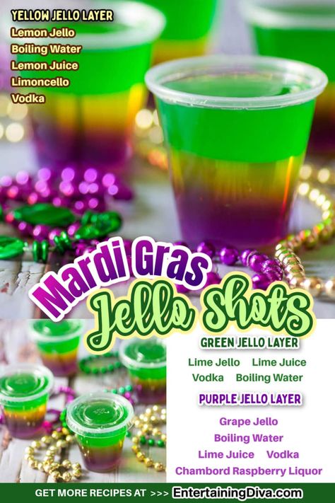 Mardi Gras Party Food, Brazil Party, Mardi Gras Drinks, Jello Shooters, Best Jello Shots, Jello Shots Vodka, Jello Shots Recipe, Mardi Gras Party Decorations, Green Jello