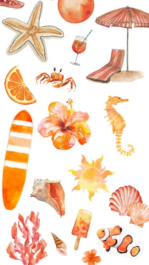 Orange beachy collage with watercolor theme sea life beach Aesthetic Cork Board, Beach Aesthetic Collage, Orange Water Color, Beachy Collage, Beautiful Outdoor Furniture, Iphone Wallpaper Vsco, Orange Water, Convention Gifts, Bedroom Wall Collage