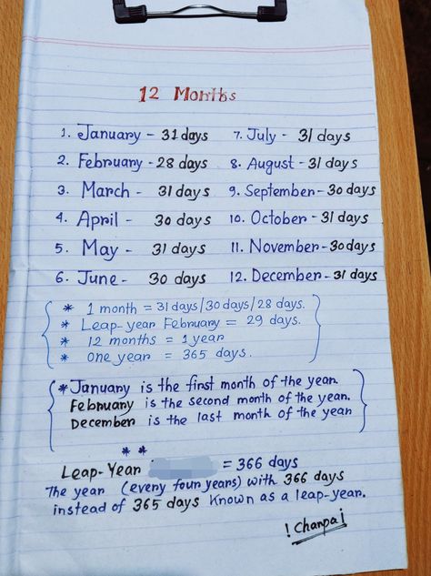 Learn the names twelve months and know more details about them. 29 Days, Leap Year, February 1, August 31, 31 Days, June 30, July 31, Last Month, Months In A Year