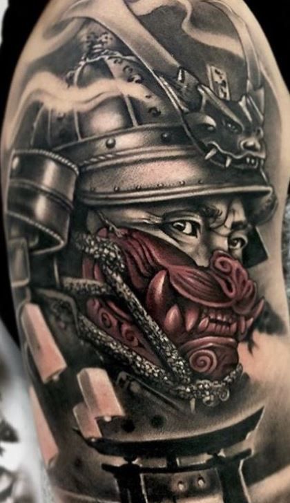 Samurai Maske Tattoo, Japanese Tattoo Sleeve Samurai, Samurai Mask Tattoo, Japanese Warrior Tattoo, Geisha Tattoos, Samurai Tattoo Sleeve, Tato Ikan Koi, Samurai Warrior Tattoo, Guerriero Samurai