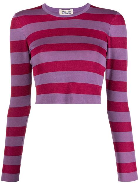 purple red knitted construction metallic threading horizontal stripe pattern crew neck long sleeves straight hem cropped Conscious: This item contains at least 50% low-impact materials, which are certified or widely recognised as having a lower environmental impact. Pink Striped Shirt, Stretchy Crop Tops, Women Long Sleeve Tops, Pink And Purple, Threading, Knitwear Women, Online Shopping Clothes, Striped Long Sleeve, Stripe Sweater