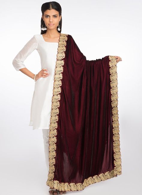 Deep Wine Embroidered Velvet Shawl Traditional Dupattas, Indian Suits For Women, Traditional Suit, Velvet Shawl, Pakistani Fashion Casual, Embroidered Velvet, Brocade Dresses, Glamour Dress, Dress Indian